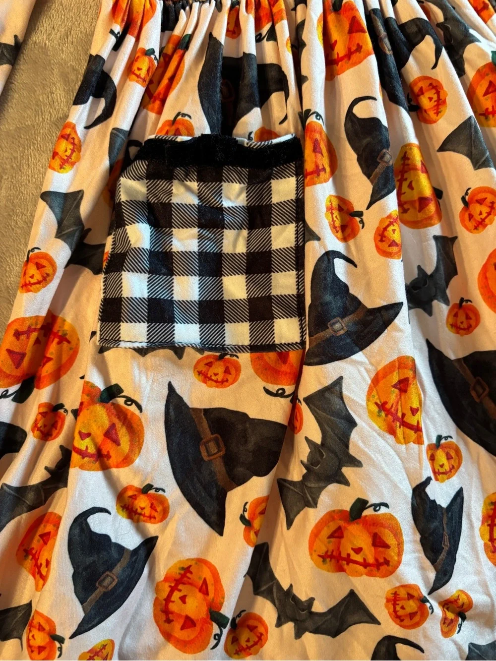 Girls' Orange Pumpkin Halloween Dress with Black Gingham Trim